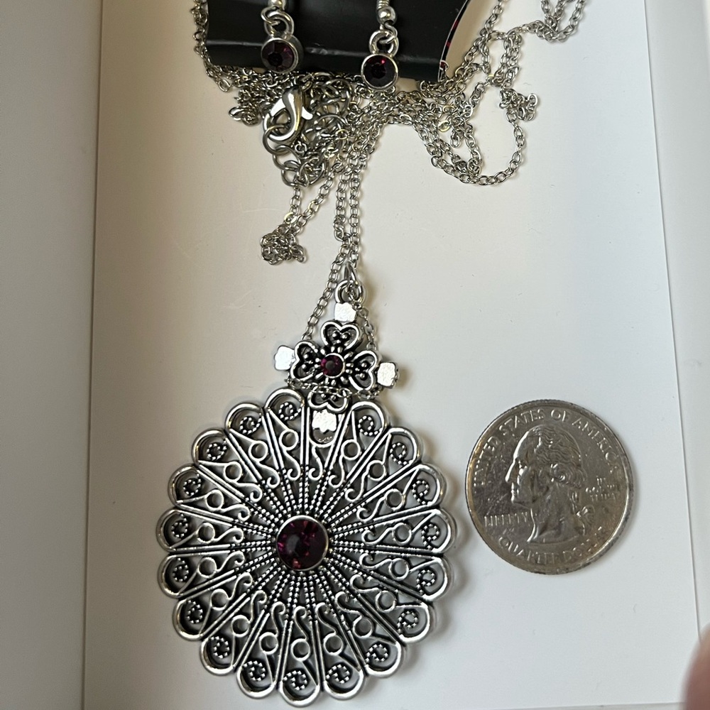 Purple necklace set with bezel dangly earrings